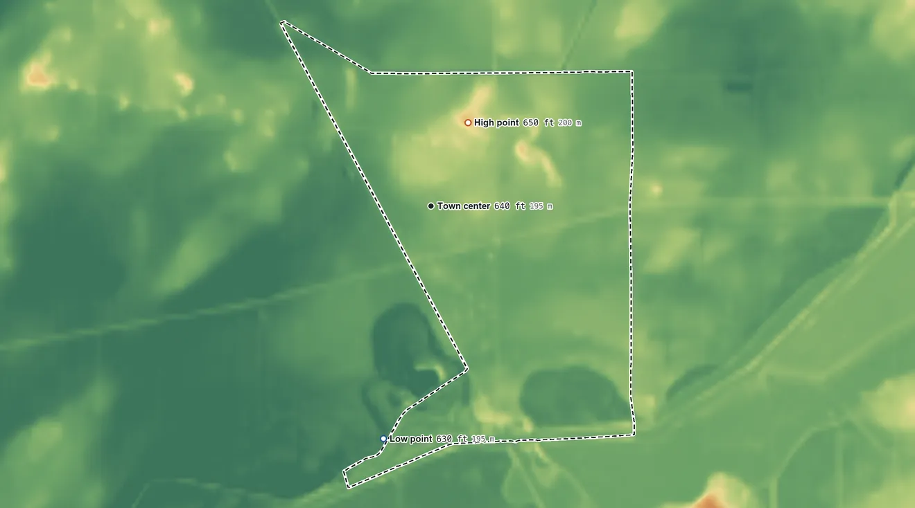 Topographic elevation map of Shelby, Indiana, shaded from 630 ft on the south side to 650 ft on the northeast side