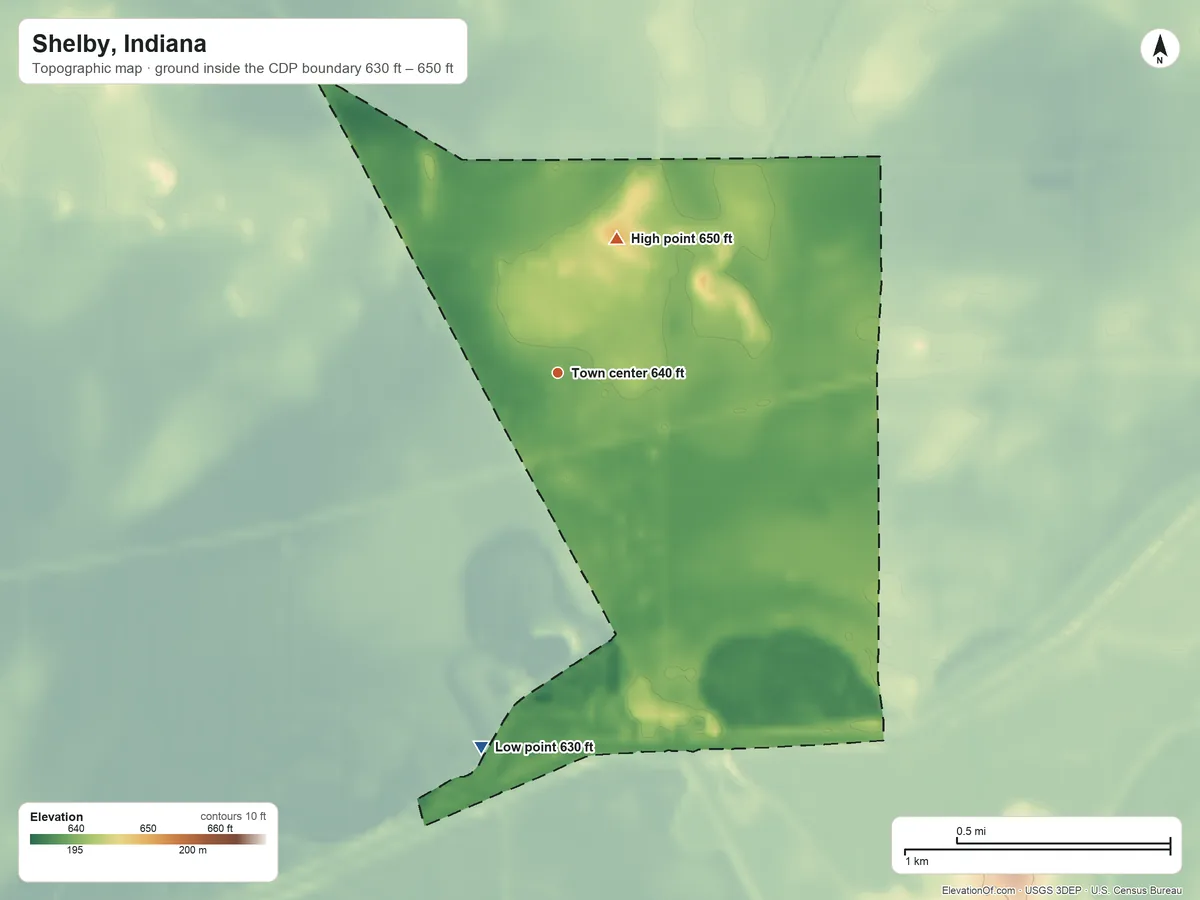 Topographic elevation map of Shelby, Indiana, shaded from 630 ft on the south side to 650 ft on the northeast side