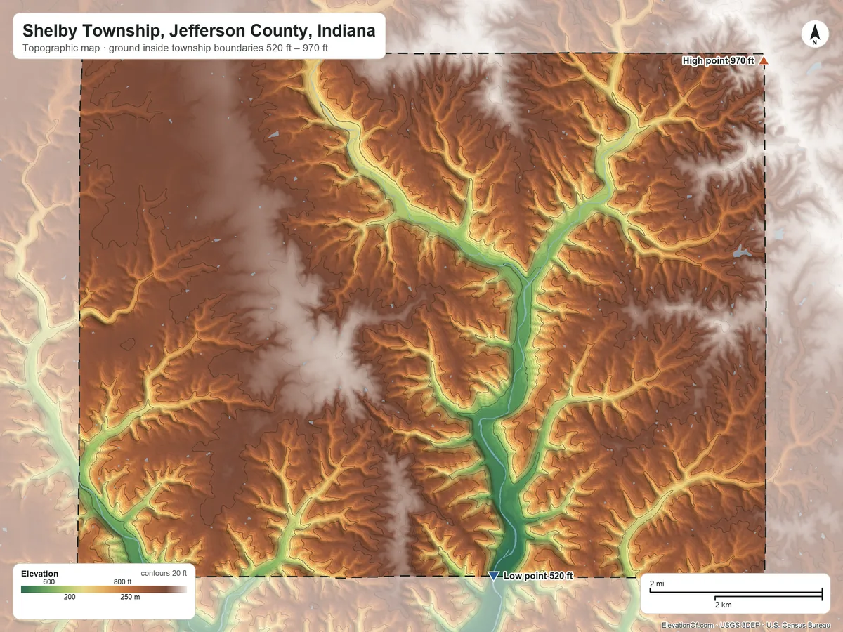 Topographic elevation map of Shelby Township, Jefferson County, Indiana, shaded from 520 ft on the southeast side to 970 ft on the northeast side