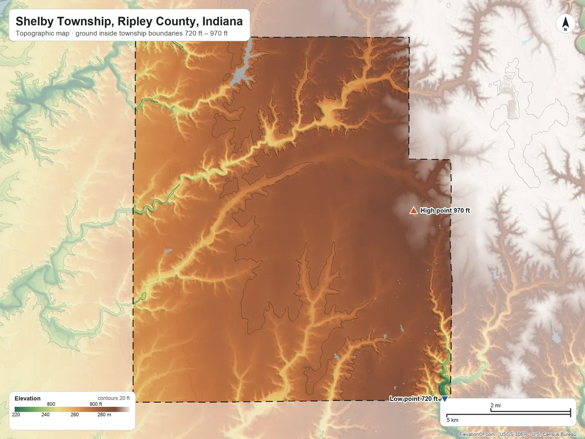 Topographic elevation map of Shelby Township, Ripley County, Indiana, shaded from 720 ft on the southeast side to 970 ft on the east side
