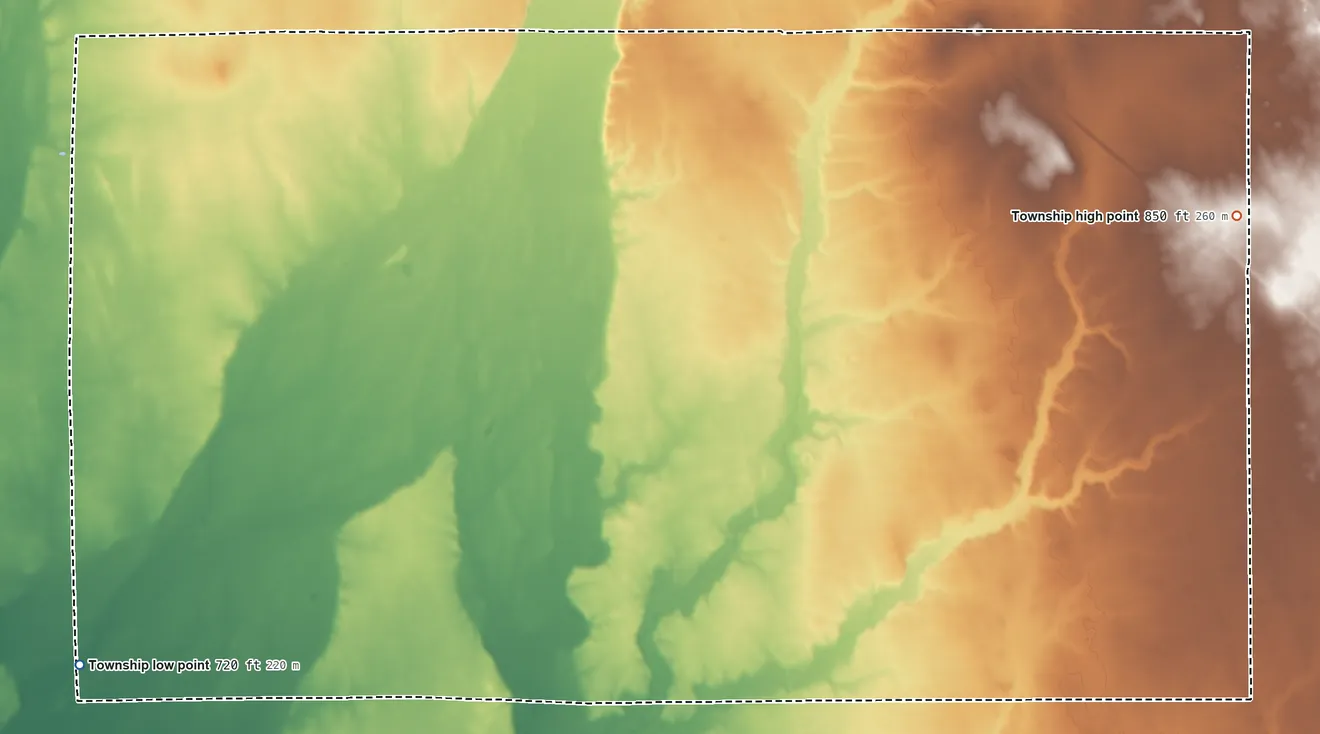 Topographic elevation map of Shelby Township, Shelby County, Indiana, shaded from 720 ft on the southwest side to 850 ft on the east side