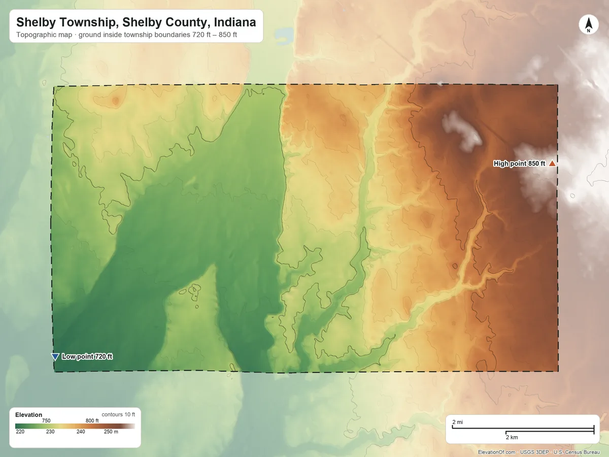 Topographic elevation map of Shelby Township, Shelby County, Indiana, shaded from 720 ft on the southwest side to 850 ft on the east side