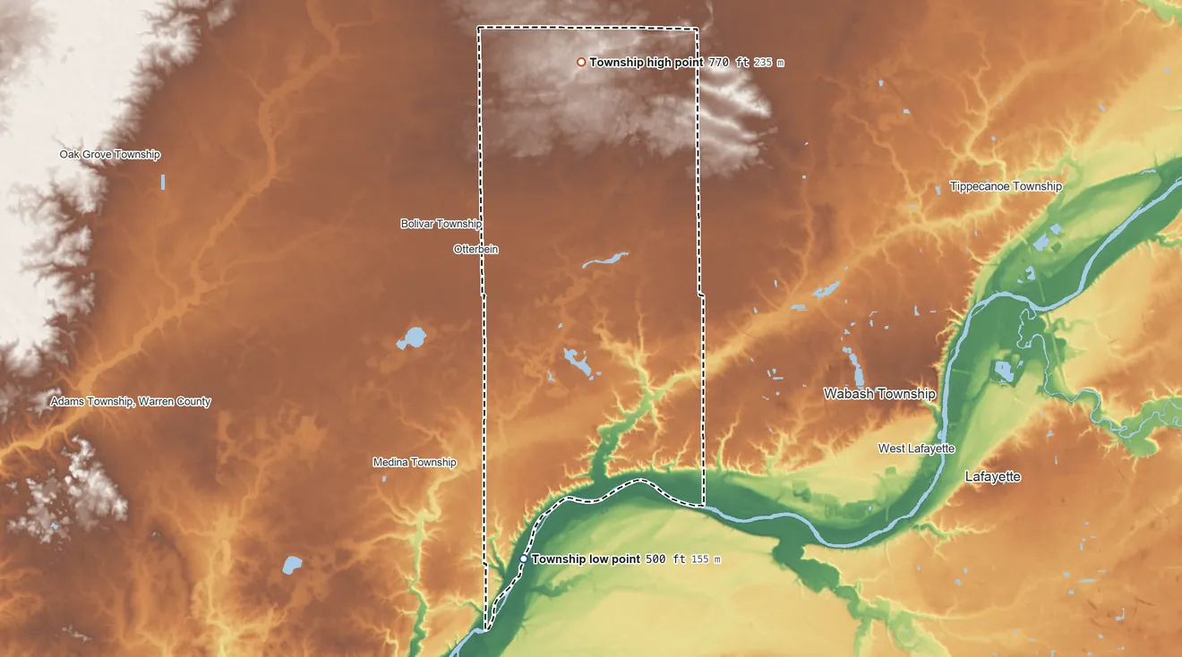 Topographic elevation map of Shelby Township, Indiana, shaded from 500 ft on the southwest side to 770 ft on the north side