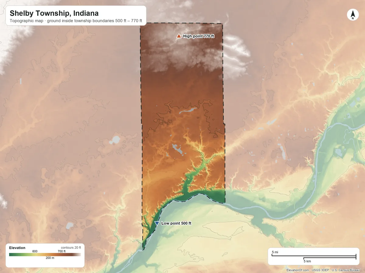 Topographic elevation map of Shelby Township, Indiana, shaded from 500 ft on the southwest side to 770 ft on the north side
