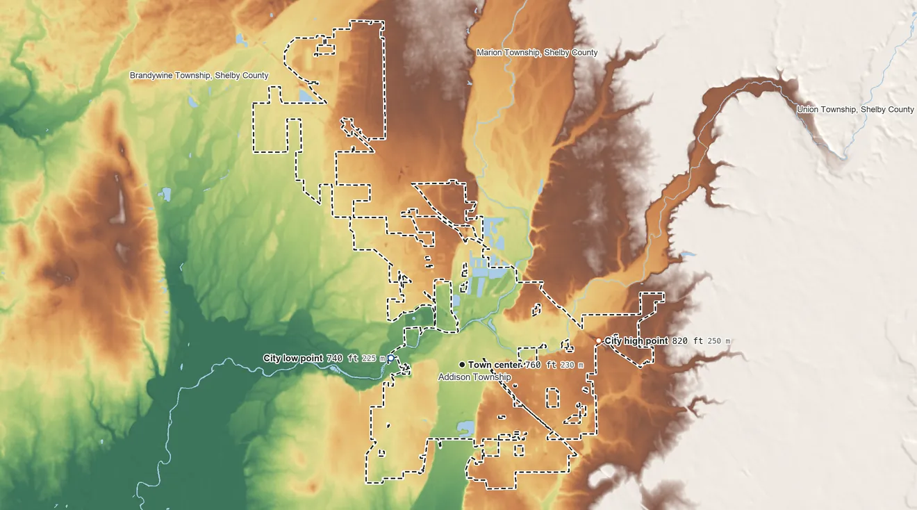 Topographic elevation map of Shelbyville, Indiana, shaded from 740 ft on the west side to 820 ft on the east side
