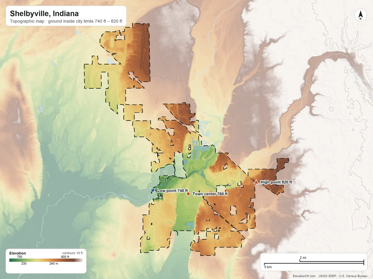 Topographic elevation map of Shelbyville, Indiana, shaded from 740 ft on the west side to 820 ft on the east side