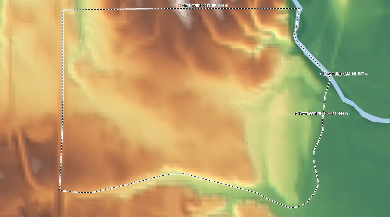 Topographic elevation map of Shepardsville, Indiana, shaded from 460 ft on the northeast side to 610 ft on the northwest side