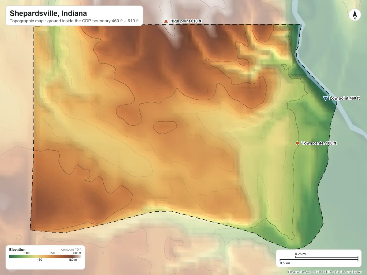 Topographic elevation map of Shepardsville, Indiana, shaded from 460 ft on the northeast side to 610 ft on the northwest side