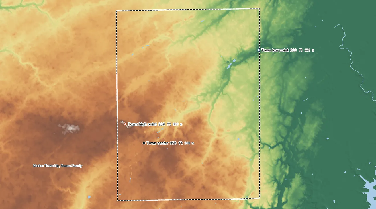 Topographic elevation map of Sheridan, Indiana, shaded from 880 ft on the northeast side to 980 ft on the northwest side