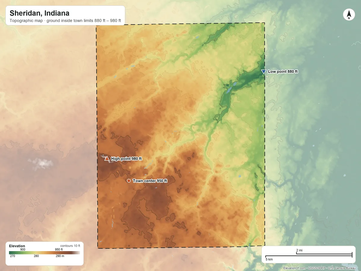 Topographic elevation map of Sheridan, Indiana, shaded from 880 ft on the northeast side to 980 ft on the northwest side