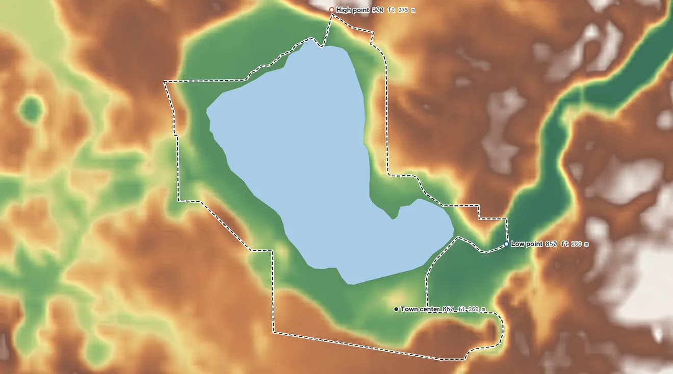 Topographic elevation map of Shipshewana Lake, Indiana, shaded from 850 ft on the northeast side to 900 ft on the north side