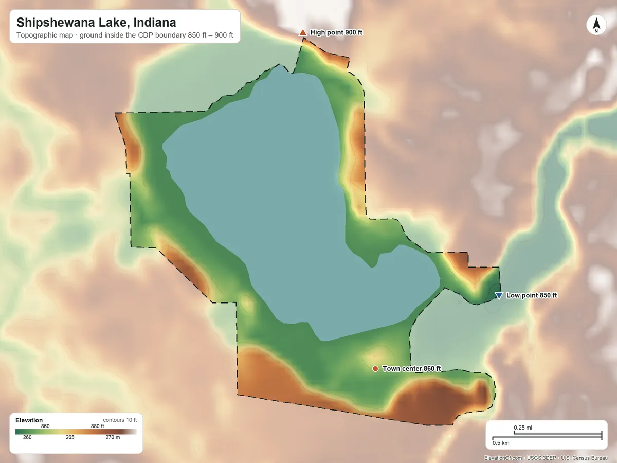 Topographic elevation map of Shipshewana Lake, Indiana, shaded from 850 ft on the northeast side to 900 ft on the north side