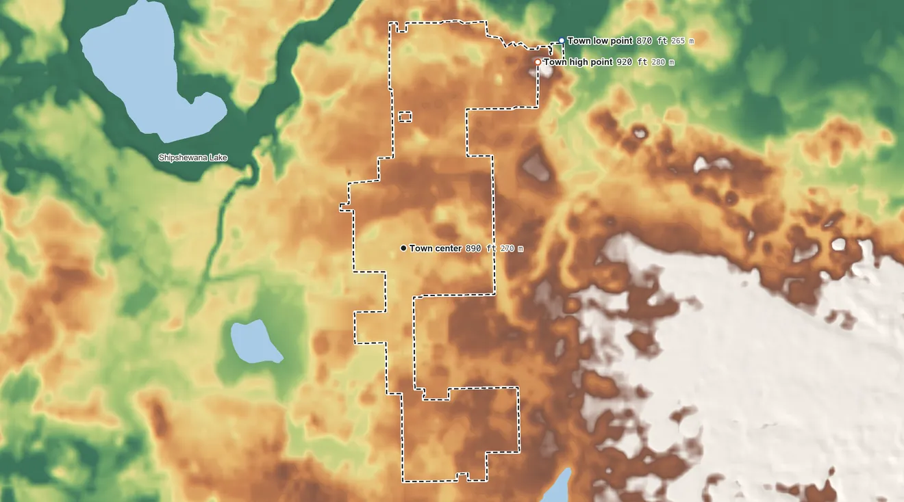 Topographic elevation map of Shipshewana, Indiana, shaded from 870 ft on the northeast side to 920 ft on the northeast side