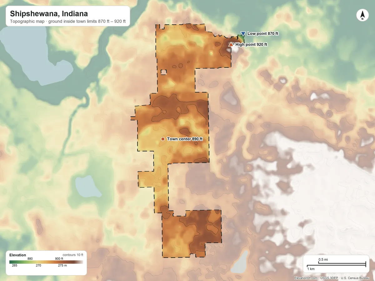 Topographic elevation map of Shipshewana, Indiana, shaded from 870 ft on the northeast side to 920 ft on the northeast side