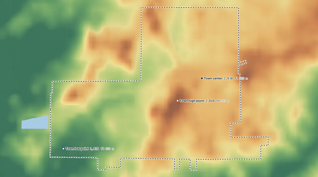 Topographic elevation map of Shirley, Indiana, shaded from 1,010 ft on the southwest side to 1,040 ft on the southwest side