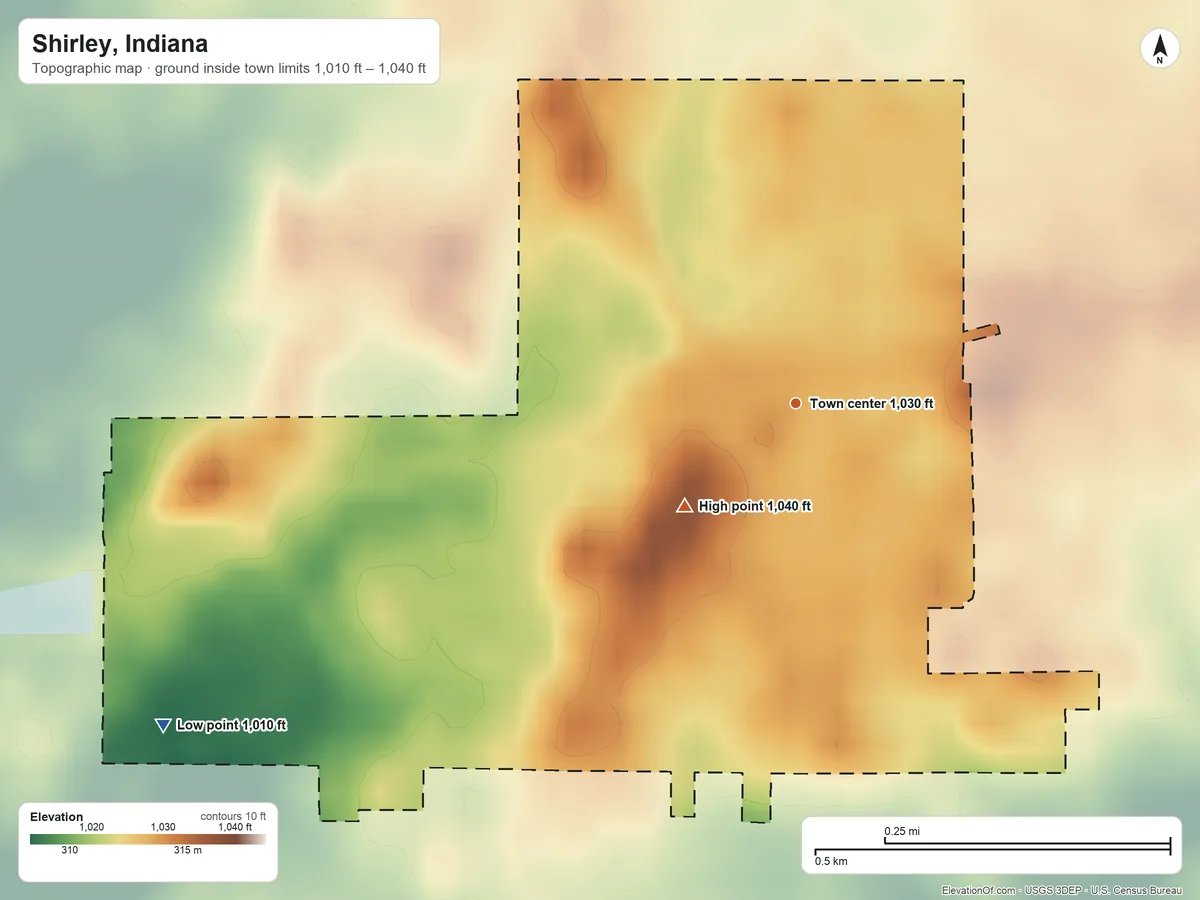 Topographic elevation map of Shirley, Indiana, shaded from 1,010 ft on the southwest side to 1,040 ft on the southwest side
