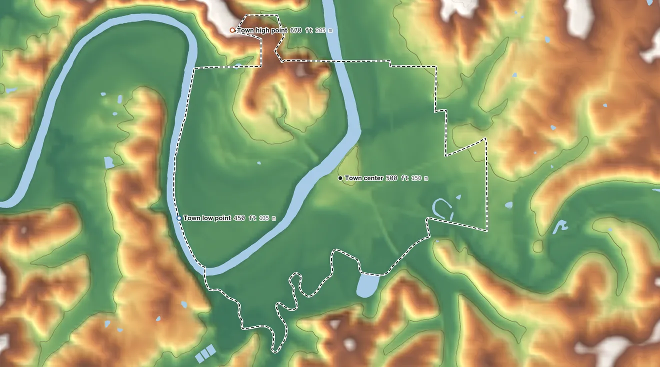 Topographic elevation map of Shoals, Indiana, shaded from 450 ft on the west side to 670 ft on the northwest side