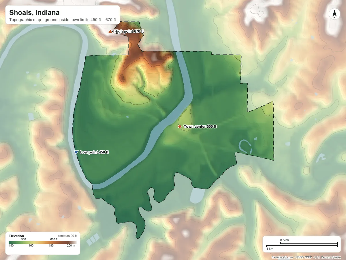 Topographic elevation map of Shoals, Indiana, shaded from 450 ft on the west side to 670 ft on the northwest side