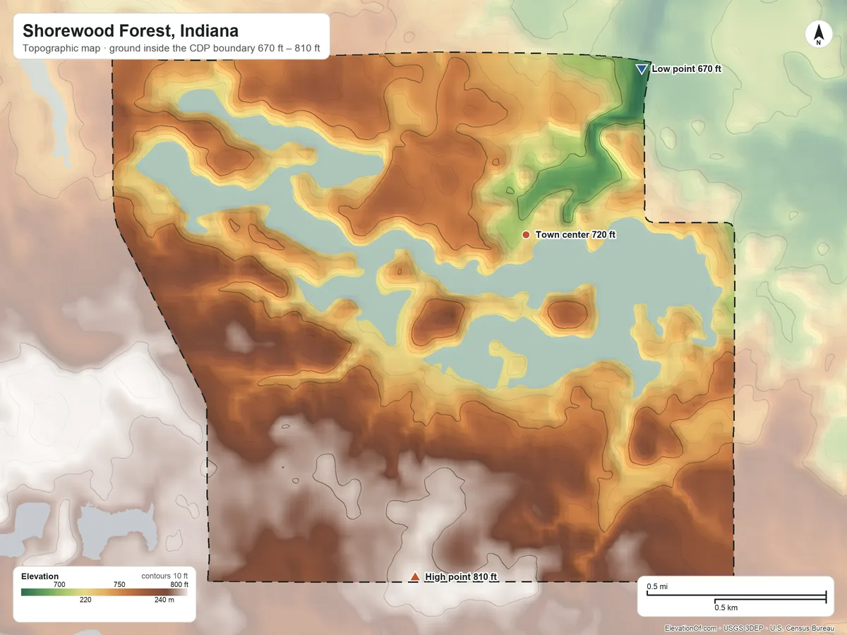 Topographic elevation map of Shorewood Forest, Indiana, shaded from 670 ft on the northeast side to 810 ft on the south side