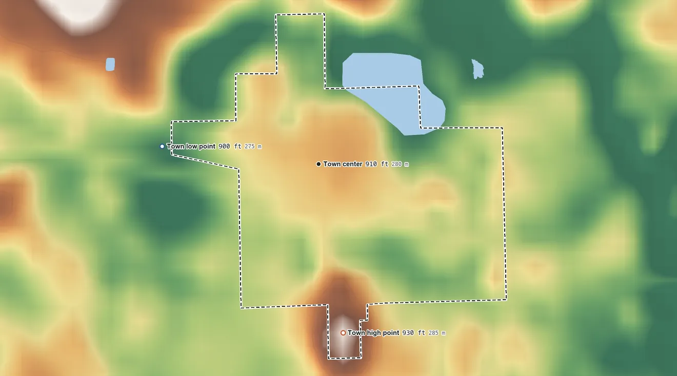 Topographic elevation map of Sidney, Indiana, shaded from 900 ft on the west side to 930 ft on the south side