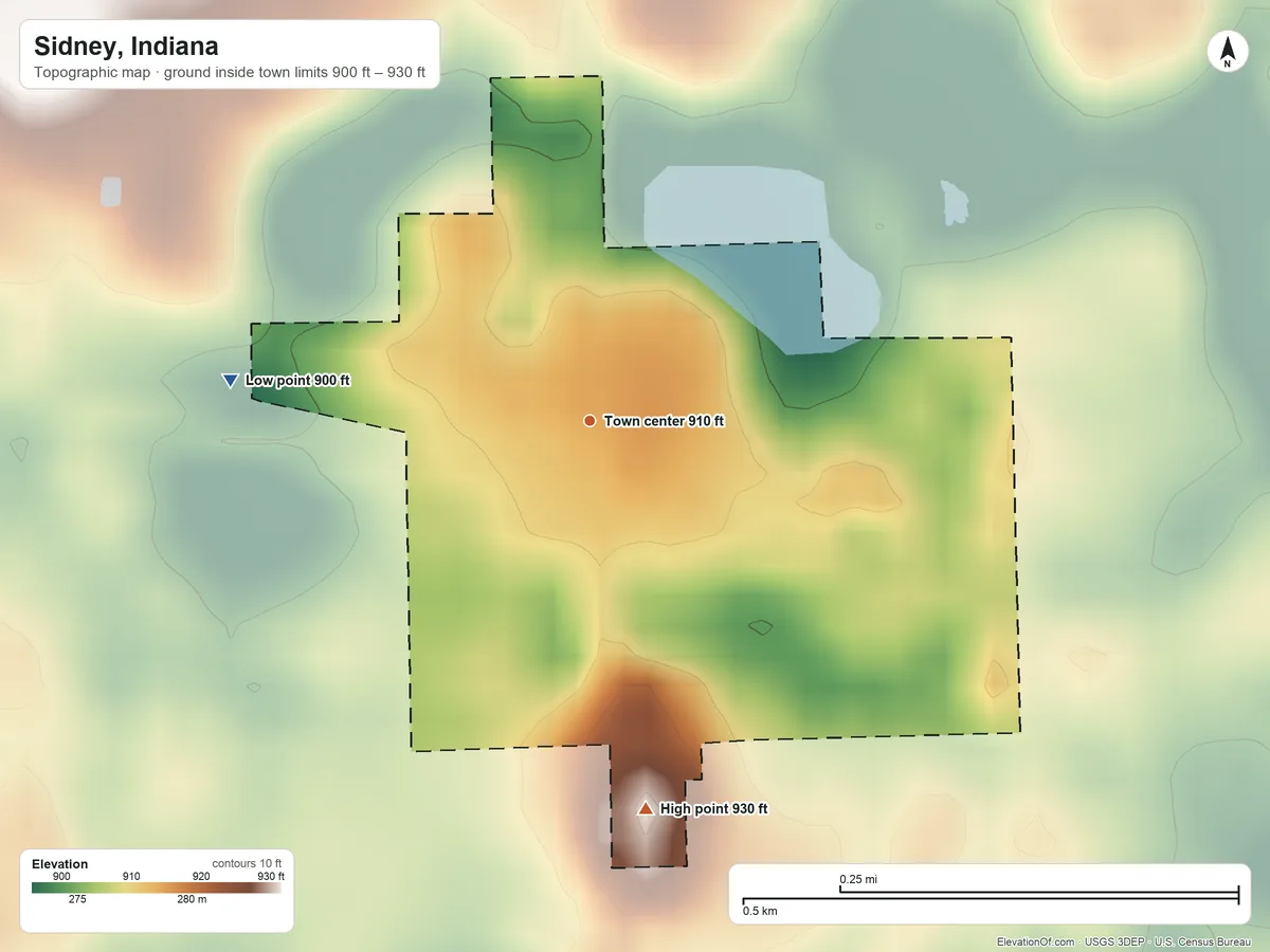 Topographic elevation map of Sidney, Indiana, shaded from 900 ft on the west side to 930 ft on the south side