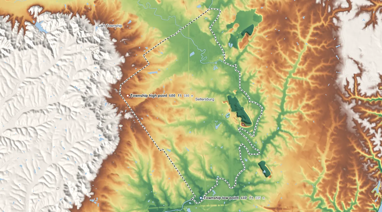 Topographic elevation map of Silver Creek Township, Indiana, shaded from 440 ft on the south side to 600 ft on Saint Joseph Hill