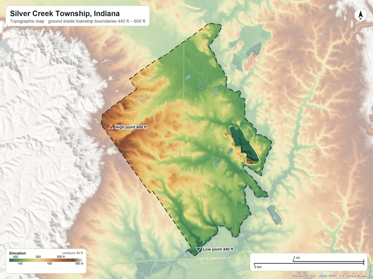 Topographic elevation map of Silver Creek Township, Indiana, shaded from 440 ft on the south side to 600 ft on Saint Joseph Hill