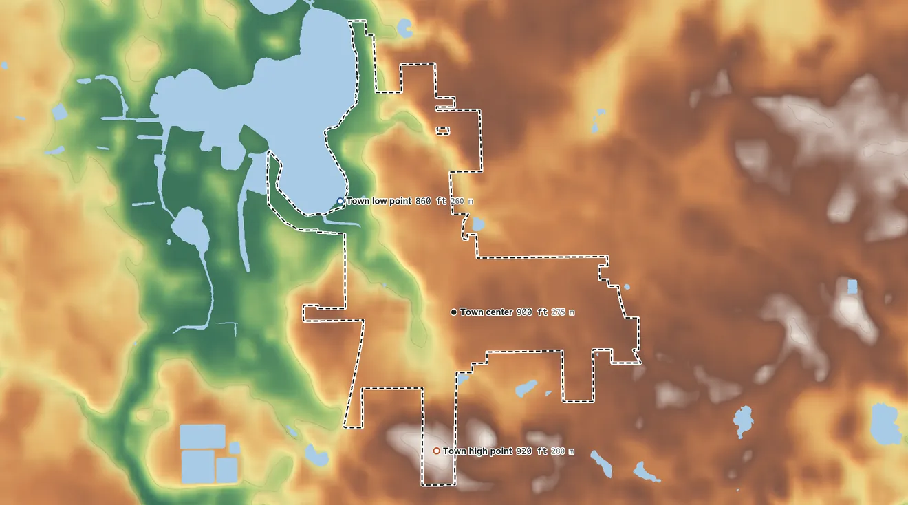 Topographic elevation map of Silver Lake, Indiana, shaded from 860 ft on the northwest side to 920 ft on the south side