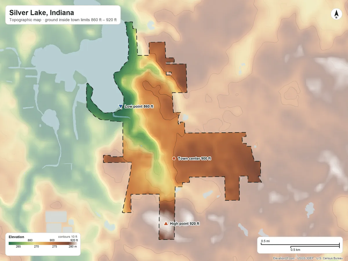Topographic elevation map of Silver Lake, Indiana, shaded from 860 ft on the northwest side to 920 ft on the south side