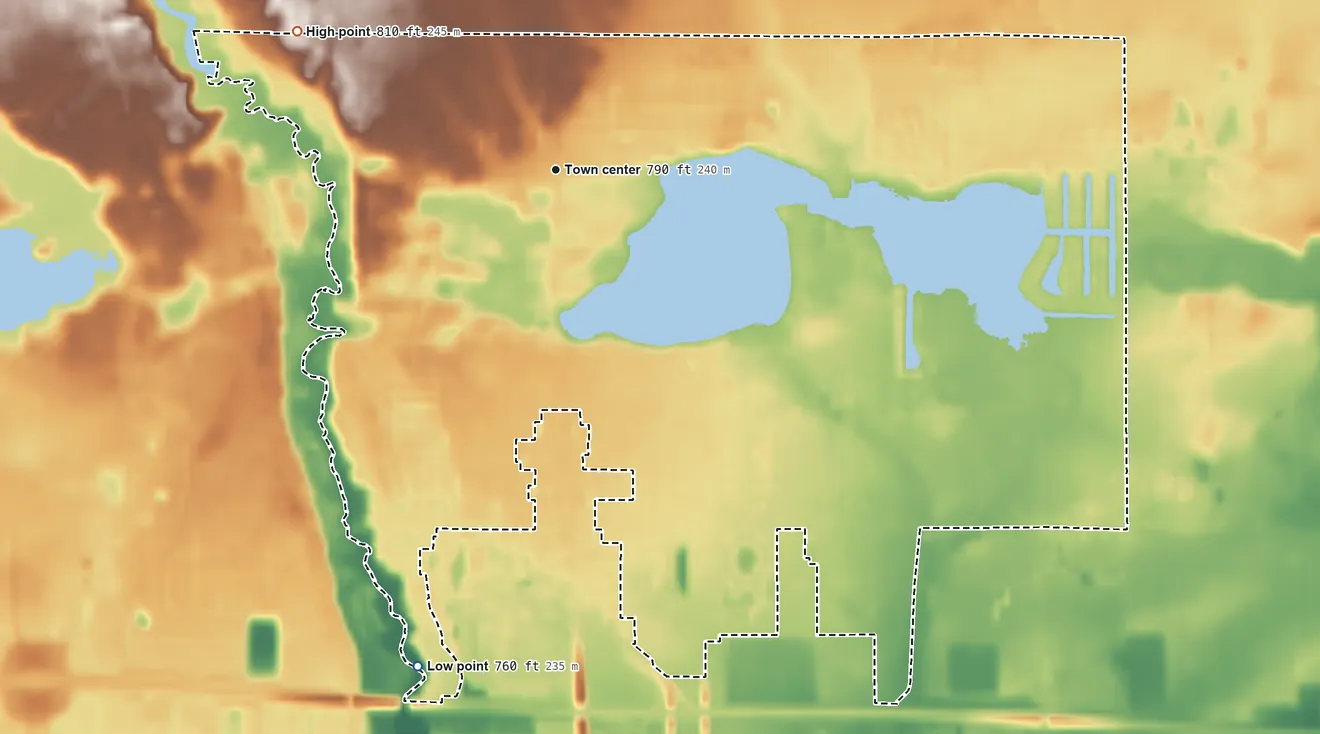 Topographic elevation map of Simonton Lake, Indiana, shaded from 760 ft on the south side to 810 ft on the northwest side