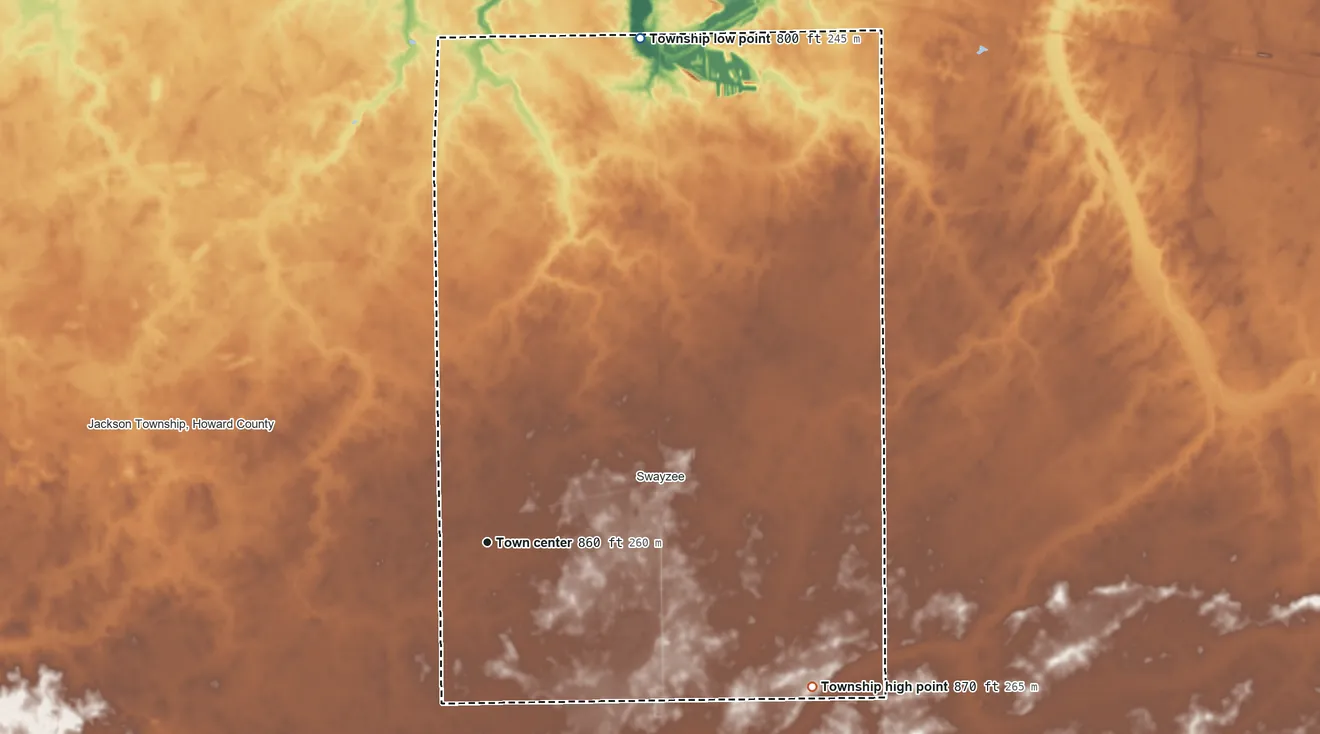 Topographic elevation map of Sims Township, Indiana, shaded from 800 ft on the north side to 870 ft on the southeast side
