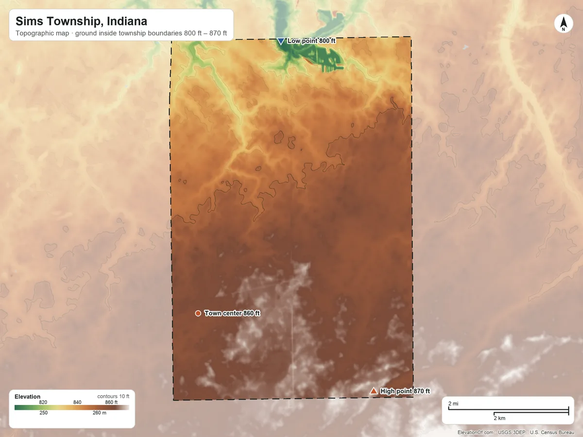 Topographic elevation map of Sims Township, Indiana, shaded from 800 ft on the north side to 870 ft on the southeast side