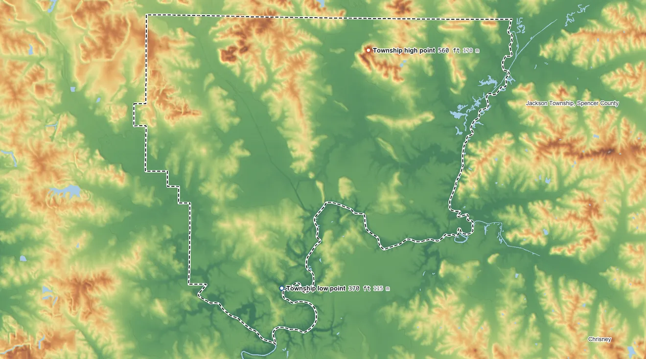 Topographic elevation map of Skelton Township, Indiana, shaded from 370 ft on the south side to 560 ft on the northeast side
