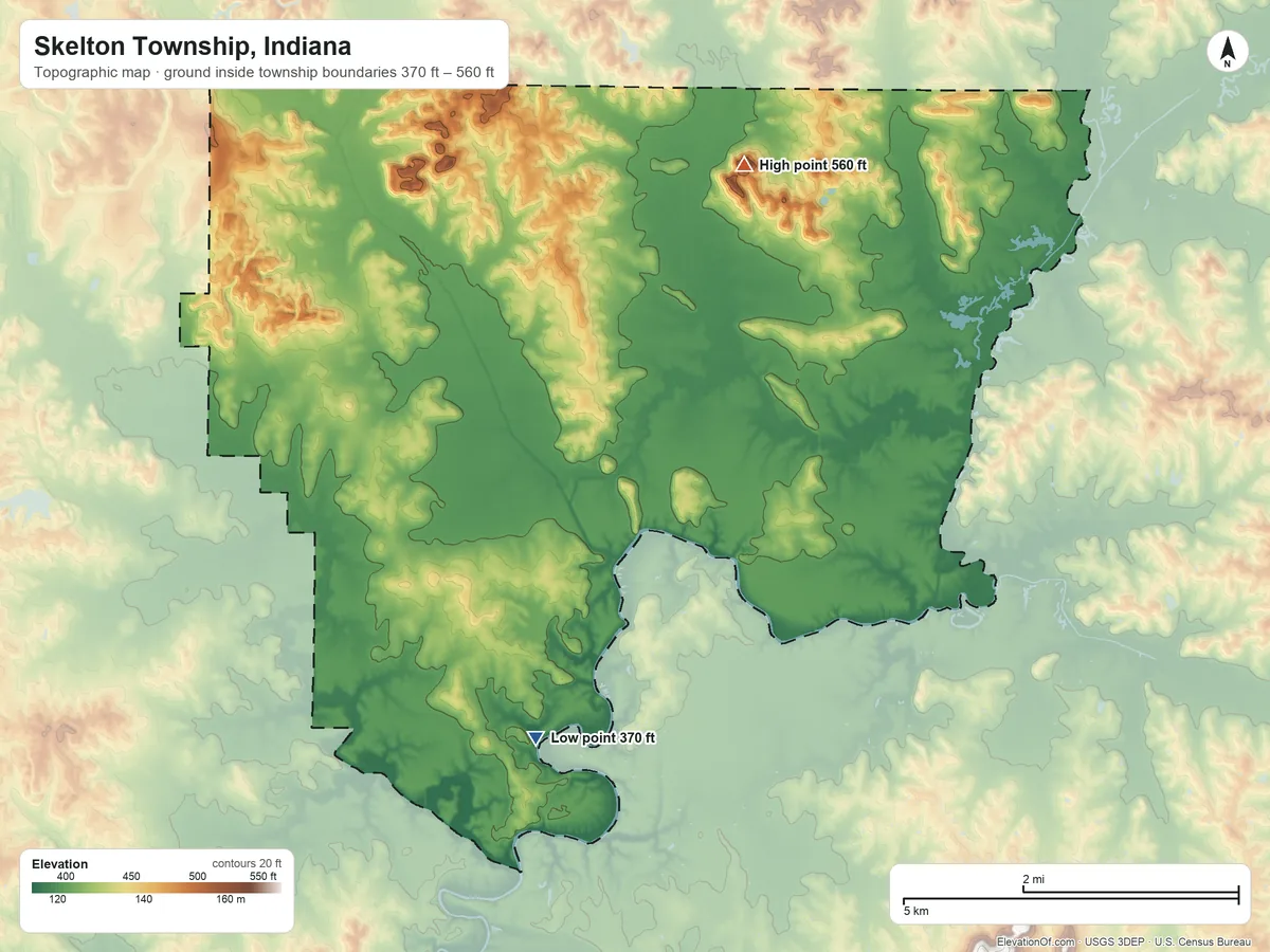 Topographic elevation map of Skelton Township, Indiana, shaded from 370 ft on the south side to 560 ft on the northeast side
