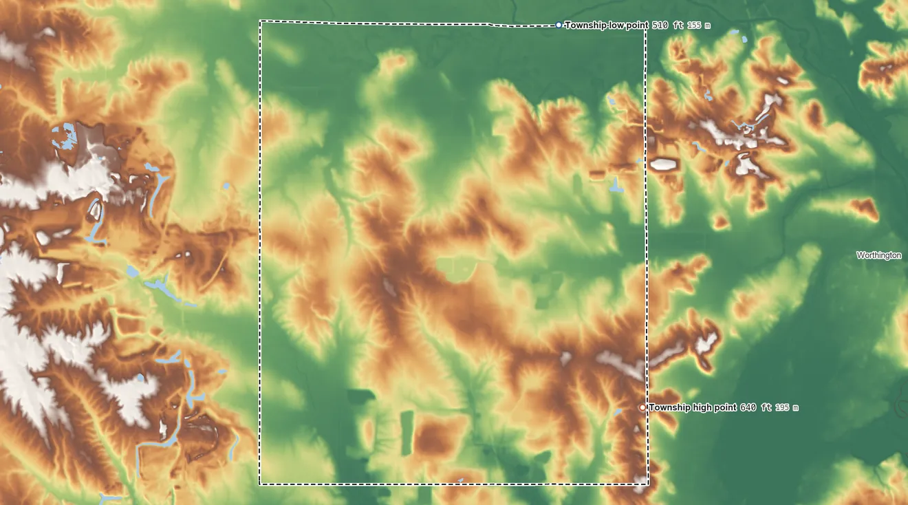 Topographic elevation map of Smith Township, Greene County, Indiana, shaded from 510 ft on the northeast side to 640 ft on the southeast side