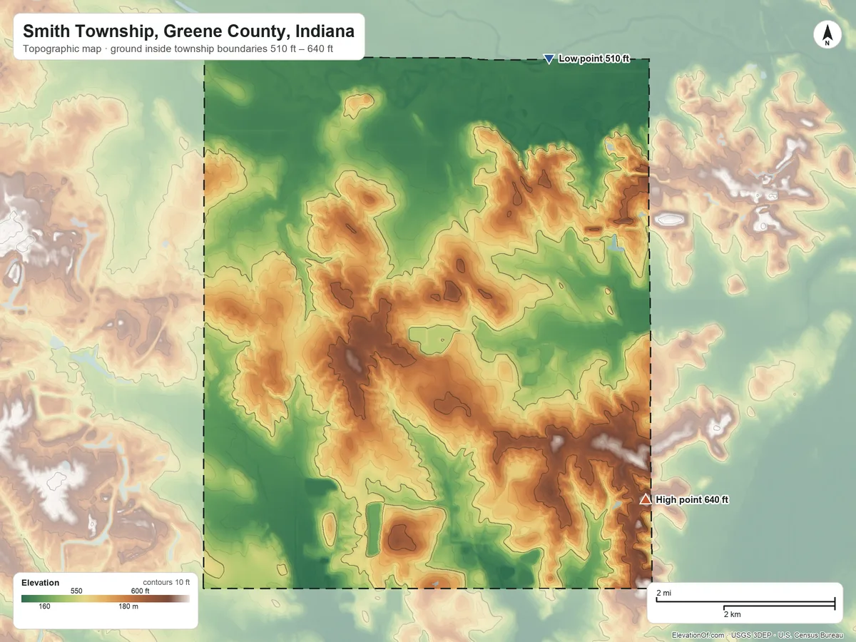 Topographic elevation map of Smith Township, Greene County, Indiana, shaded from 510 ft on the northeast side to 640 ft on the southeast side
