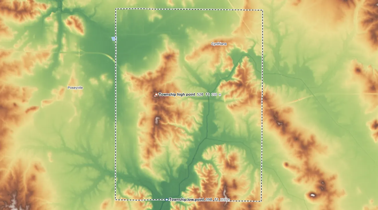Topographic elevation map of Smith Township, Posey County, Indiana, shaded from 390 ft on the south side to 520 ft on the west side