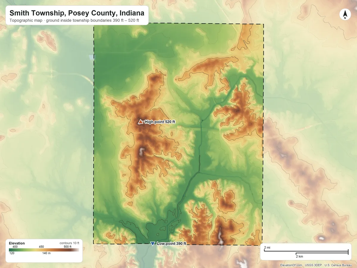 Topographic elevation map of Smith Township, Posey County, Indiana, shaded from 390 ft on the south side to 520 ft on the west side