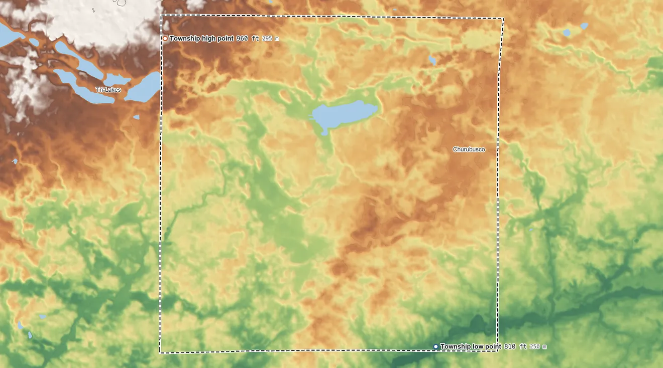 Topographic elevation map of Smith Township, Indiana, shaded from 810 ft on the south side to 960 ft on the northwest side