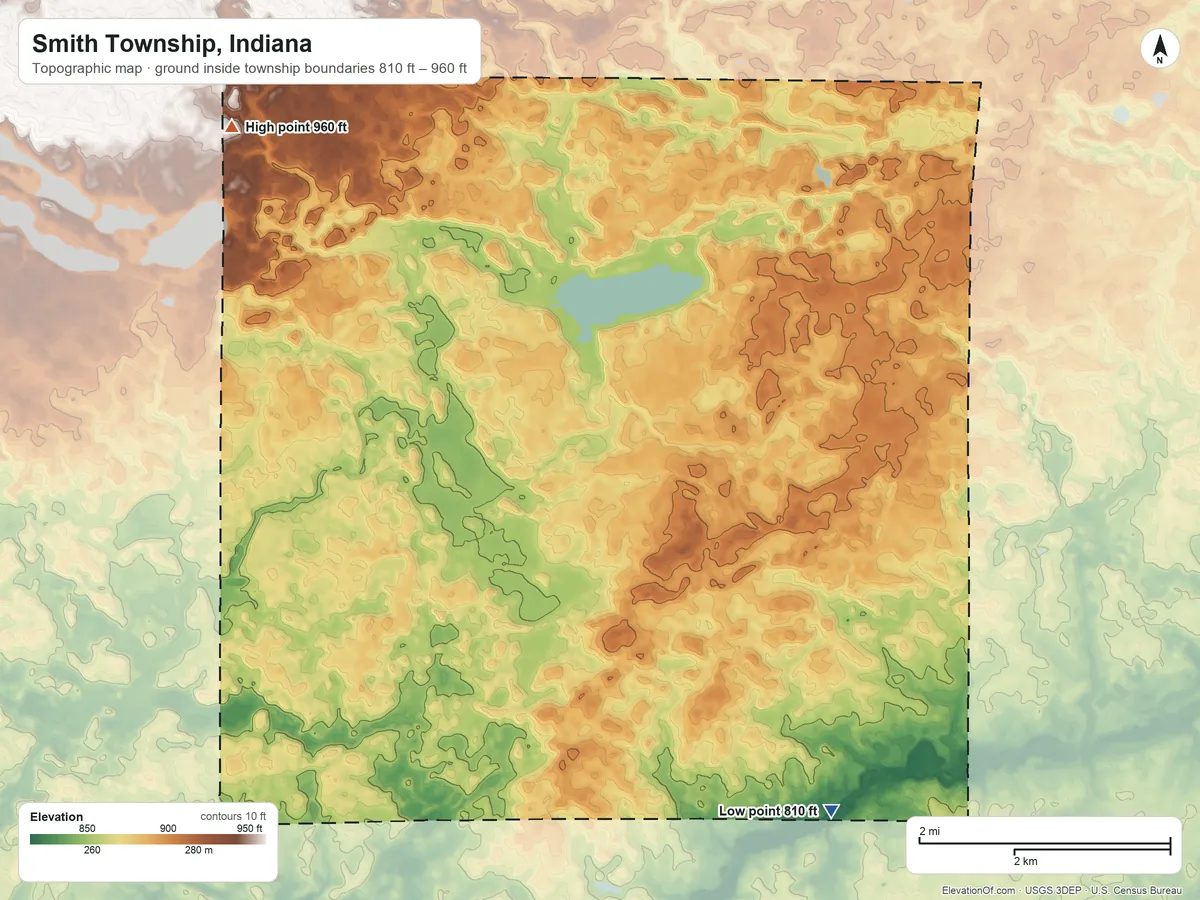 Topographic elevation map of Smith Township, Indiana, shaded from 810 ft on the south side to 960 ft on the northwest side