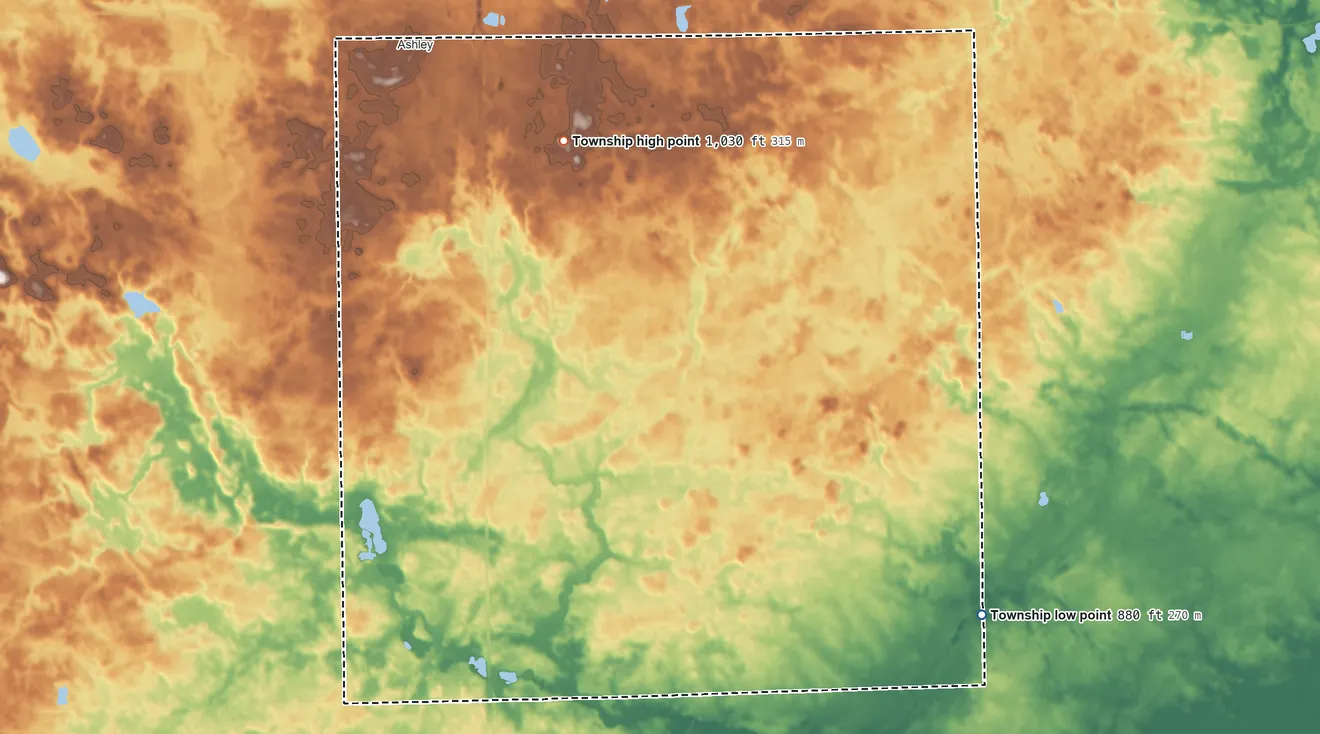 Topographic elevation map of Smithfield Township, Indiana, shaded from 880 ft on the southeast side to 1,030 ft near the middle