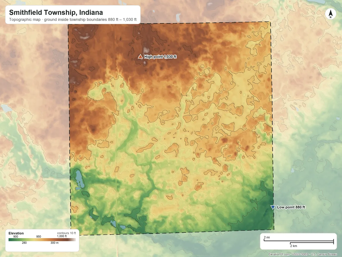 Topographic elevation map of Smithfield Township, Indiana, shaded from 880 ft on the southeast side to 1,030 ft near the middle