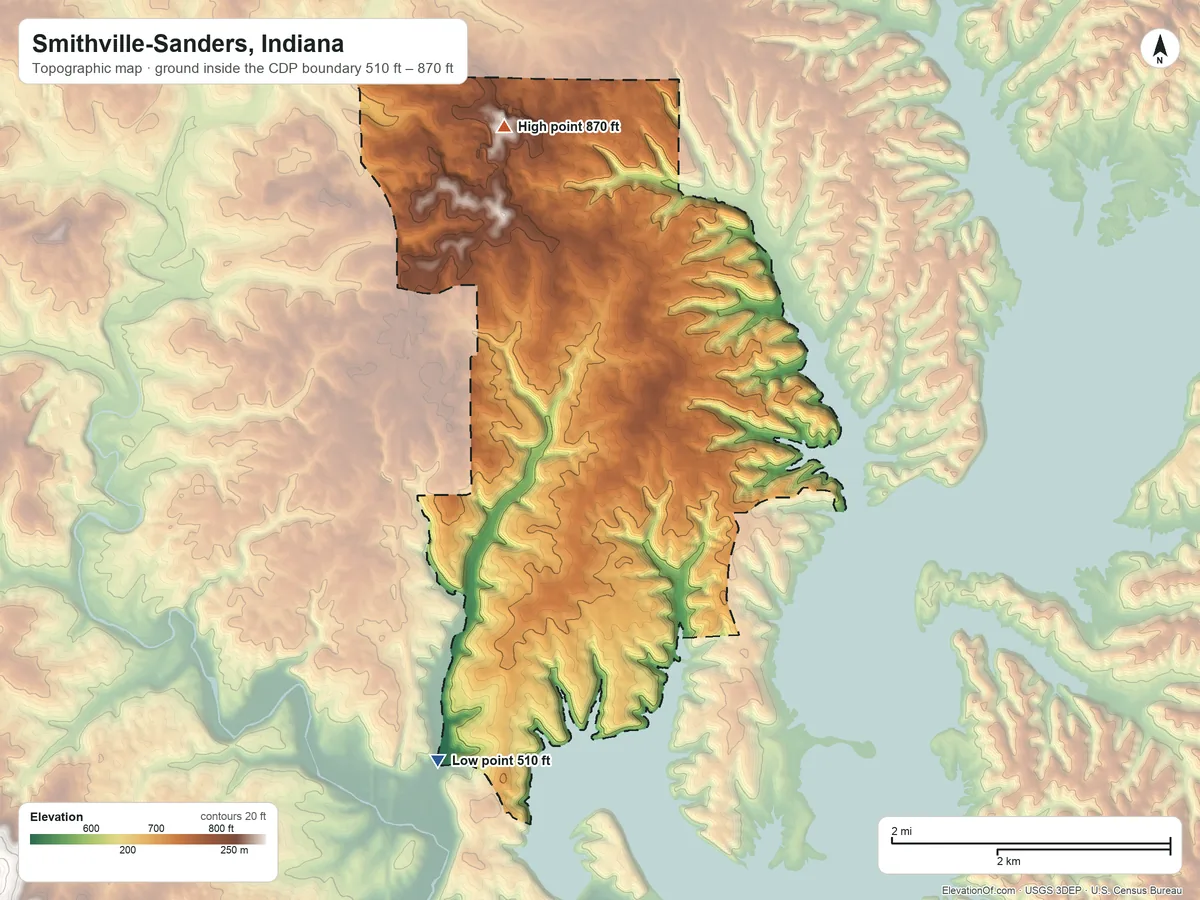 Topographic elevation map of Smithville-Sanders, Indiana, shaded from 510 ft on the southwest side to 870 ft on the north side