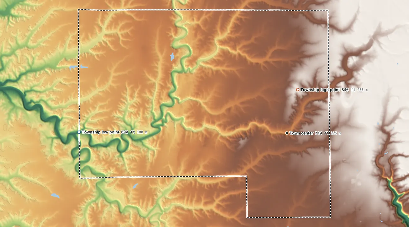 Topographic elevation map of Smyrna Township, Indiana, shaded from 600 ft on the west side to 840 ft on the north side