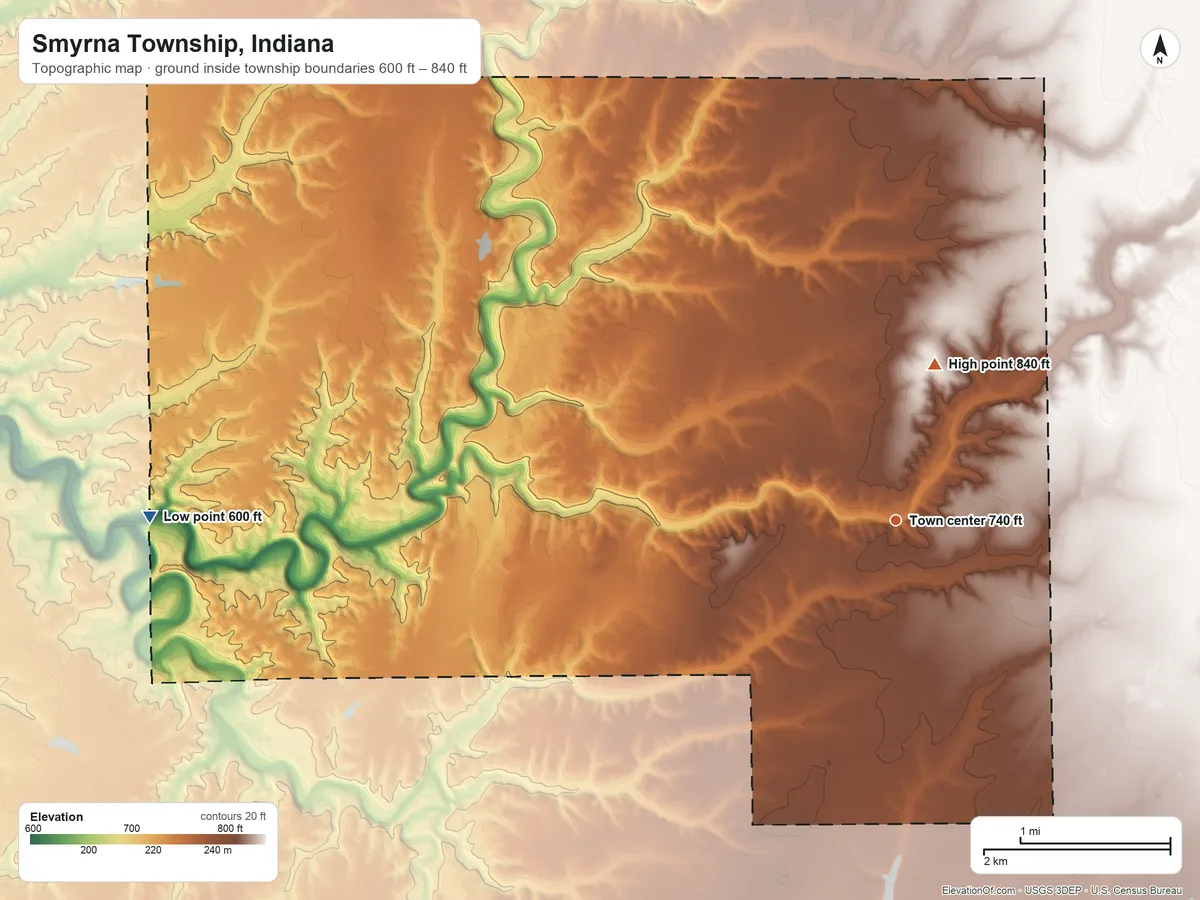 Topographic elevation map of Smyrna Township, Indiana, shaded from 600 ft on the west side to 840 ft on the north side