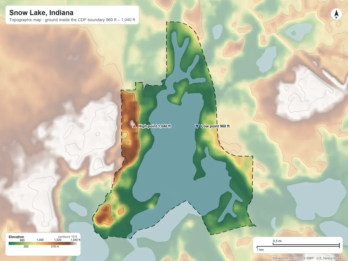 Topographic elevation map of Snow Lake, Indiana, shaded from 960 ft on the north side to 1,040 ft on the northwest side