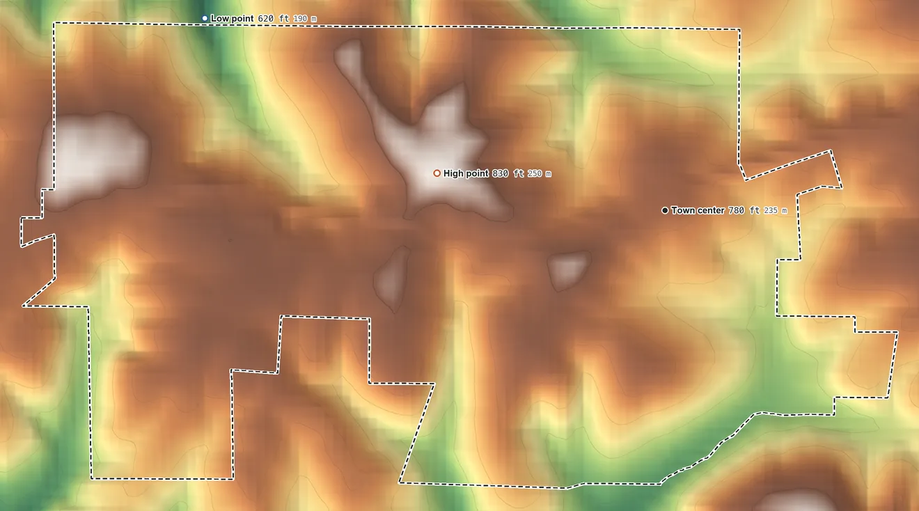 Topographic elevation map of Solsberry, Indiana, shaded from 620 ft on the northwest side to 830 ft on the west side