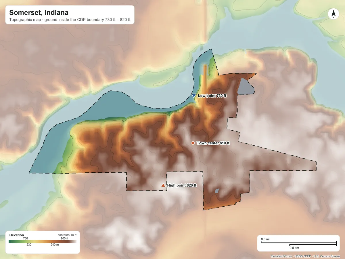Topographic elevation map of Somerset, Indiana, shaded from 730 ft on the north side to 820 ft on the southwest side