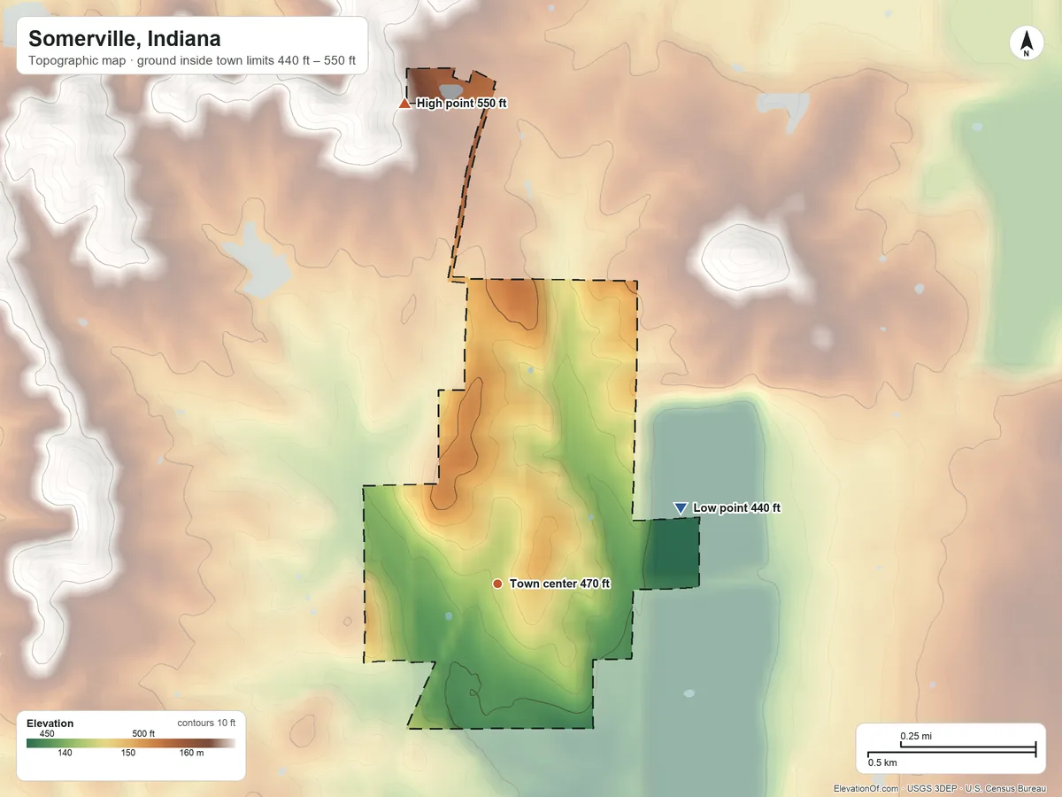 Topographic elevation map of Somerville, Indiana, shaded from 440 ft on the east side to 550 ft on the north side