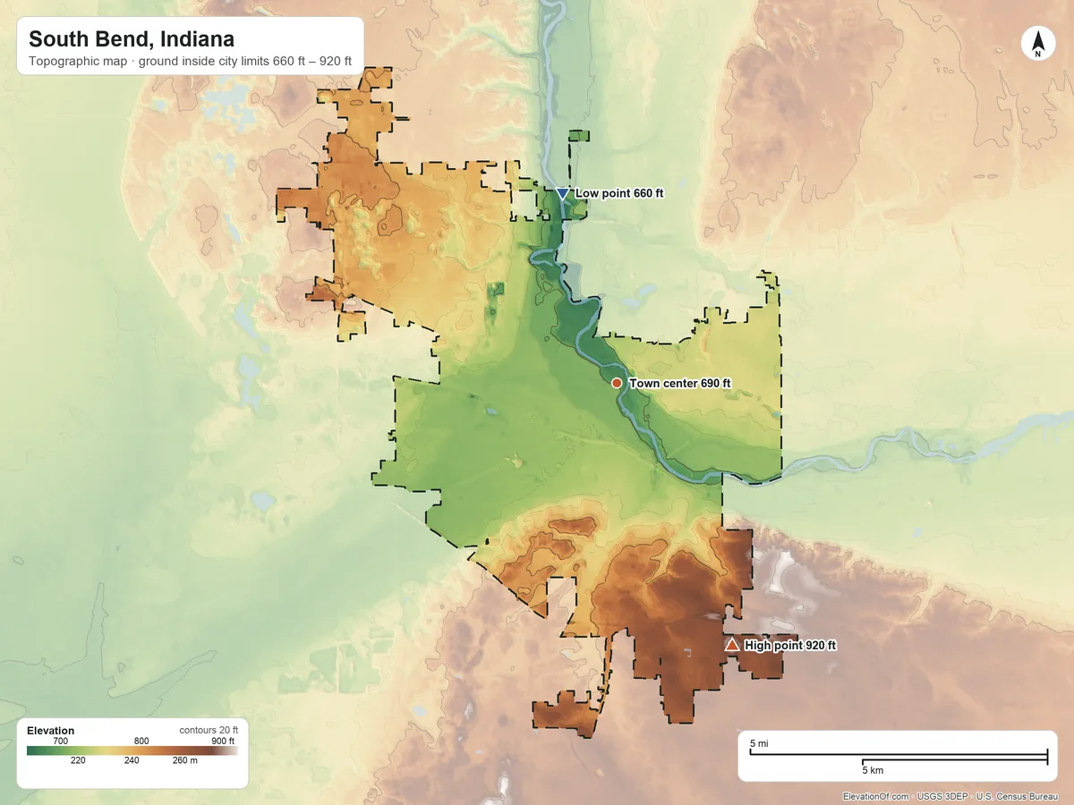 Topographic elevation map of South Bend, Indiana, shaded from 660 ft on the north side to 920 ft on the southeast side